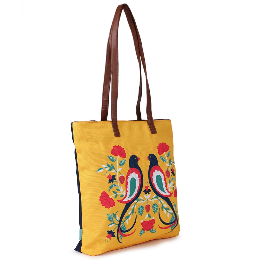 Chumbak Feathered Mates Tote Bag – Canvas Shoulder Bag for Women, Colorful Bird Print, Zipper Closure, Ideal for College, Travel, Office