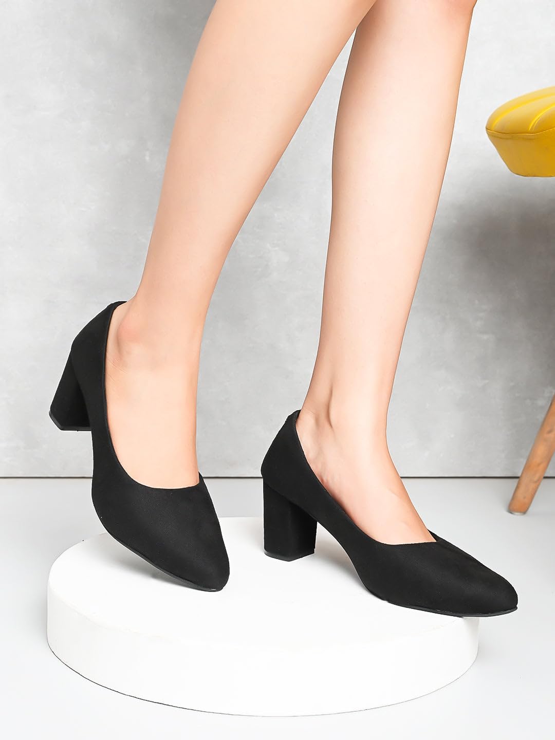 XE Looks Classic Black Pumps | Chic Suede Finish | Comfortable & Stylish Block Heel For Girls & Womens
