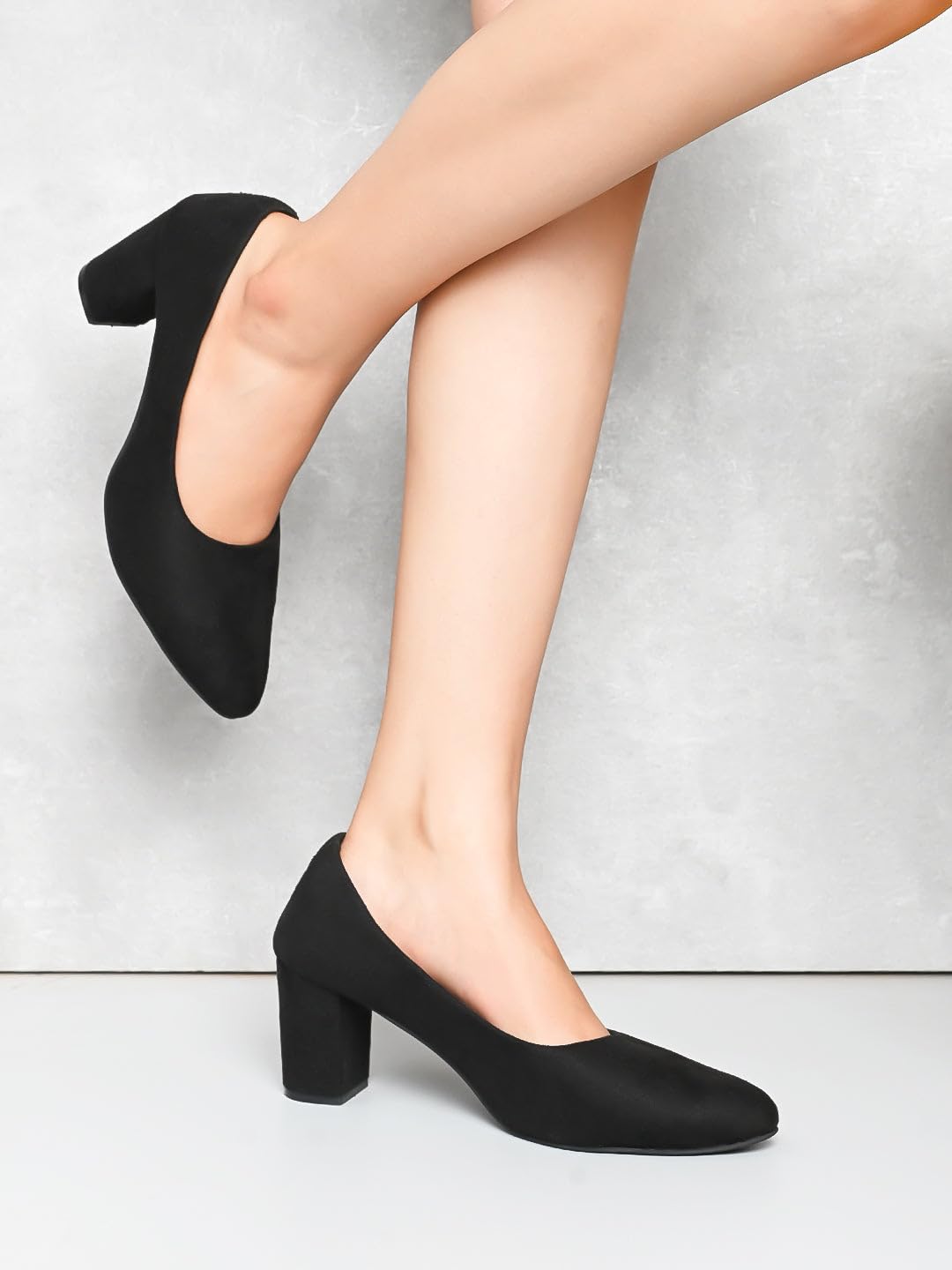 XE Looks Classic Black Pumps | Chic Suede Finish | Comfortable & Stylish Block Heel For Girls & Womens