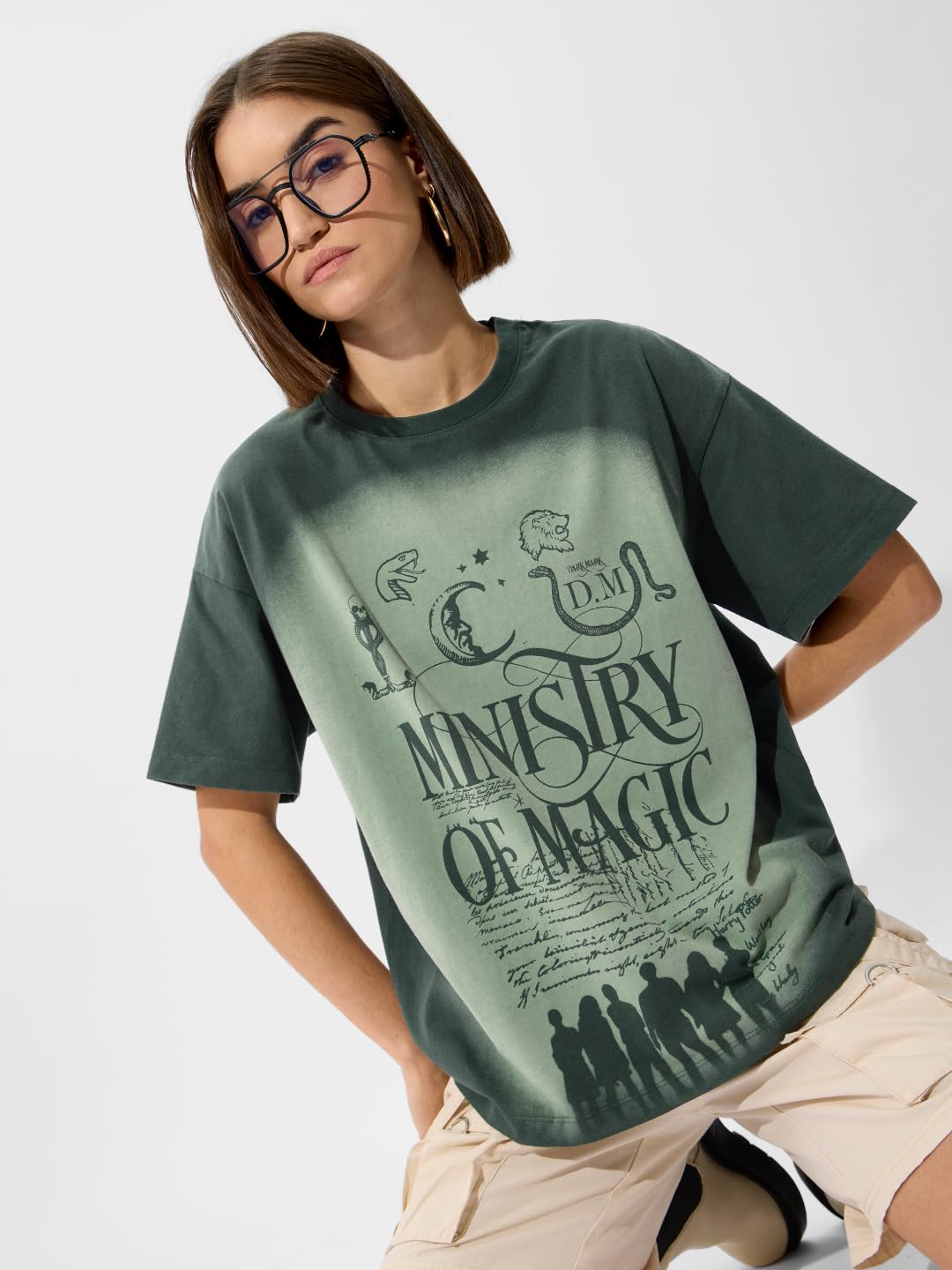 The Souled Store Official Harry Potter Originals: Ministry of Magic Women and Girls Short Sleeve Round Neck Black Graphic Printed Cotton Oversized T-Shirts