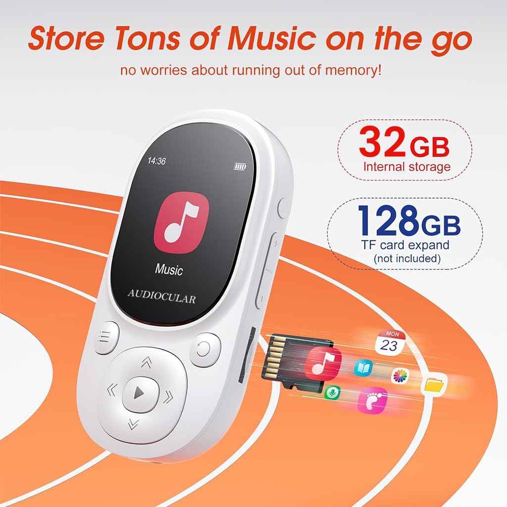 AUDIOCULAR M11 32GB Mp3 Player with Clip, Portable, Mini, Bluetooth Digital Music Player Support Upto128GB External Storage, Pedometer, FM Radio, Voice Recorder, E-Book, Stopwatch (32GB - White)