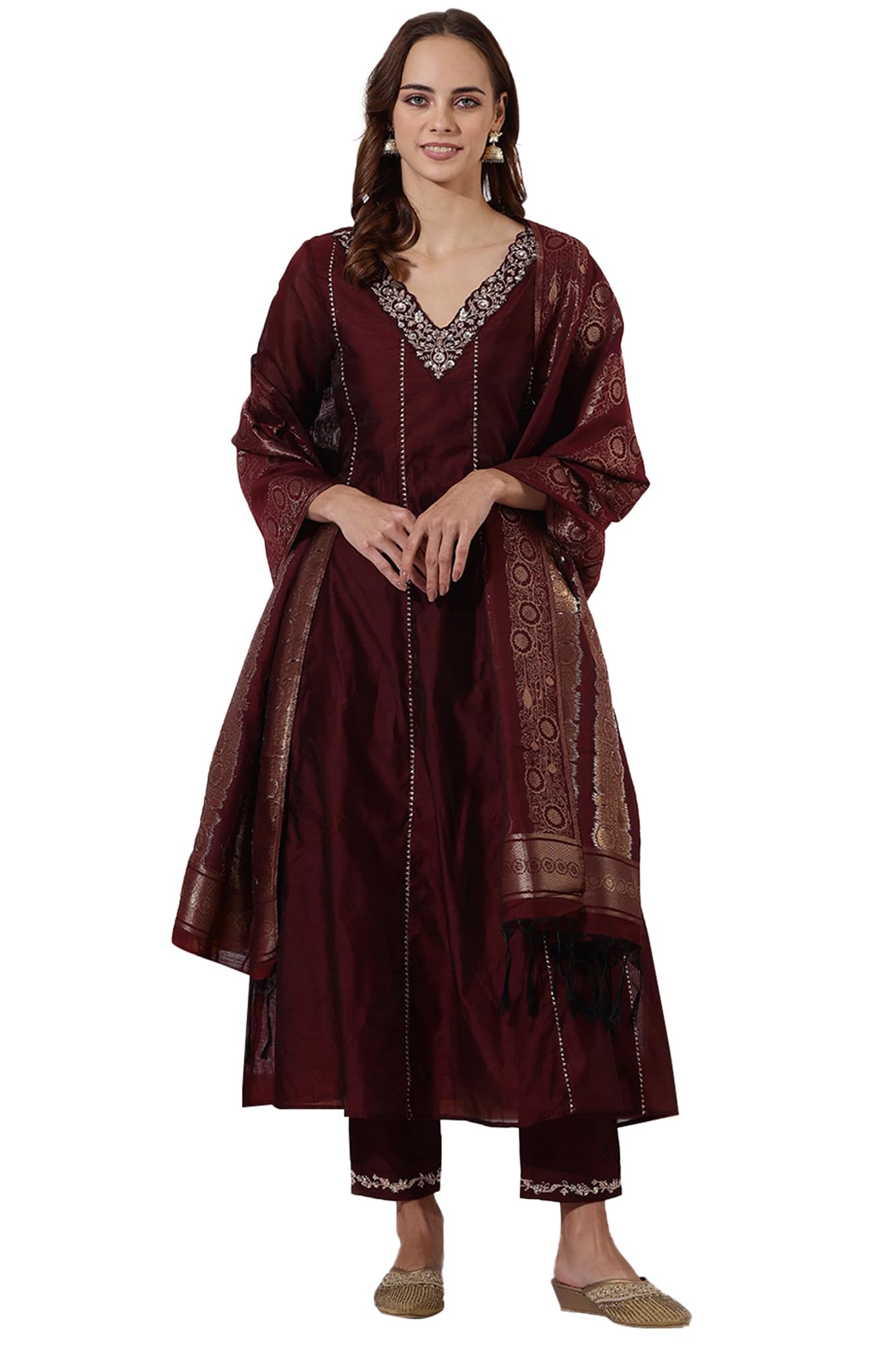 W Maroon A-line Kurta, Straight Pant & Dupatta for Women (Size: 2XL)-24AUWS11183-222470