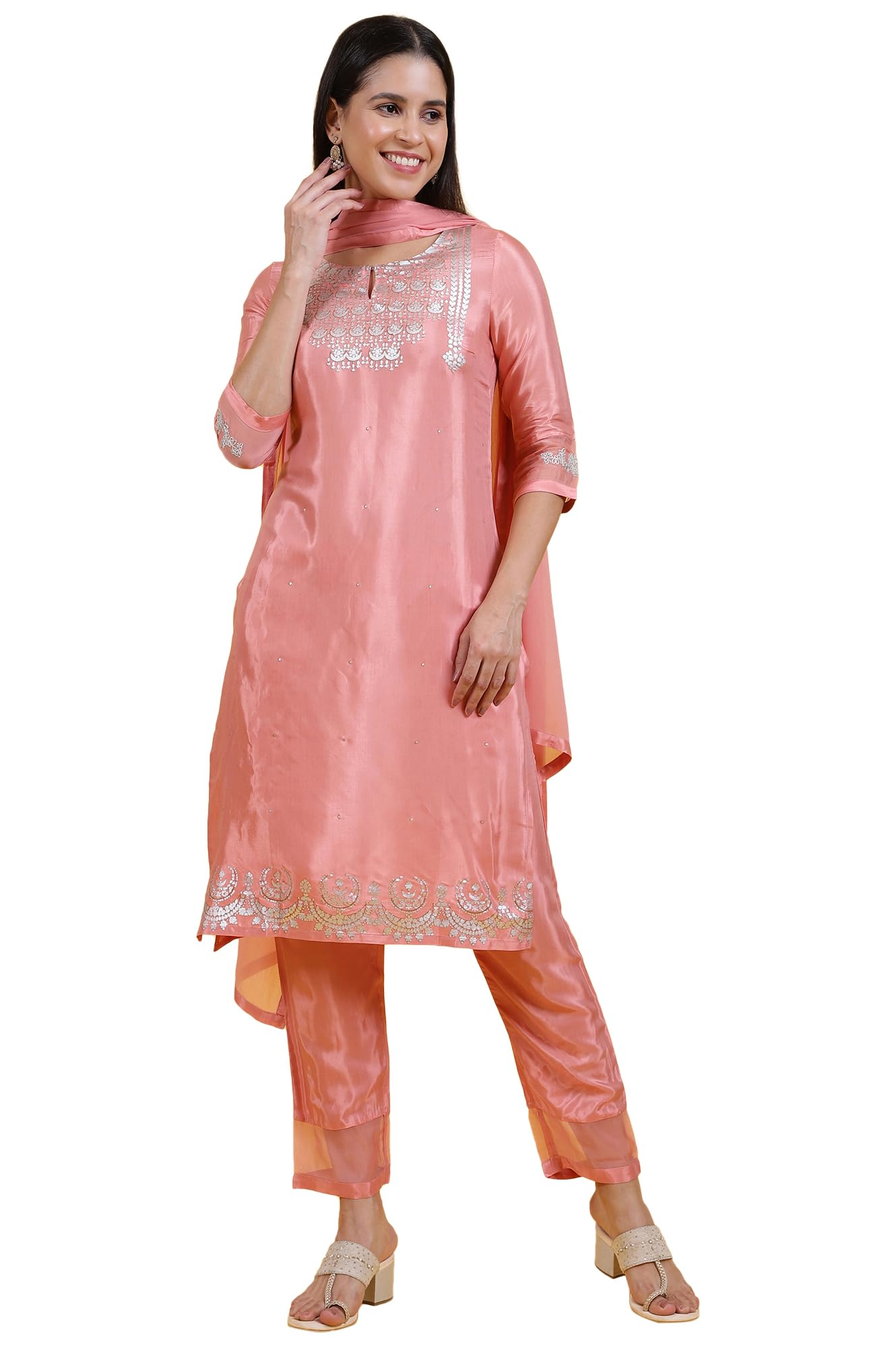 W for Woman Pink Printed Shantung Straight Kurta, Pants and Dupatta Set (Size: XL)-WS12305-112668
