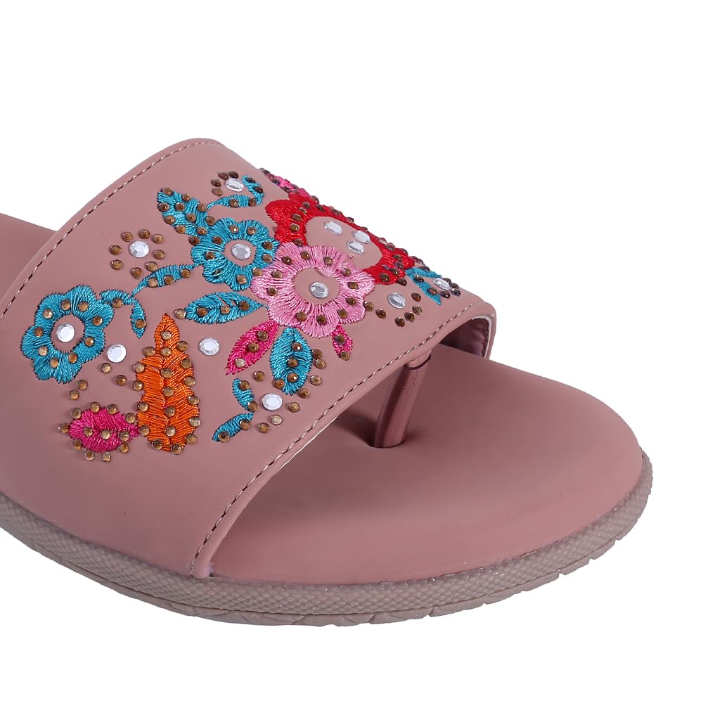 Pluxh Women Embroidered Slide Sandals | Ethnic Floral Slip-On Flats for Women | Comfortable Casual Daily Wear Fashion Sliders|5UK