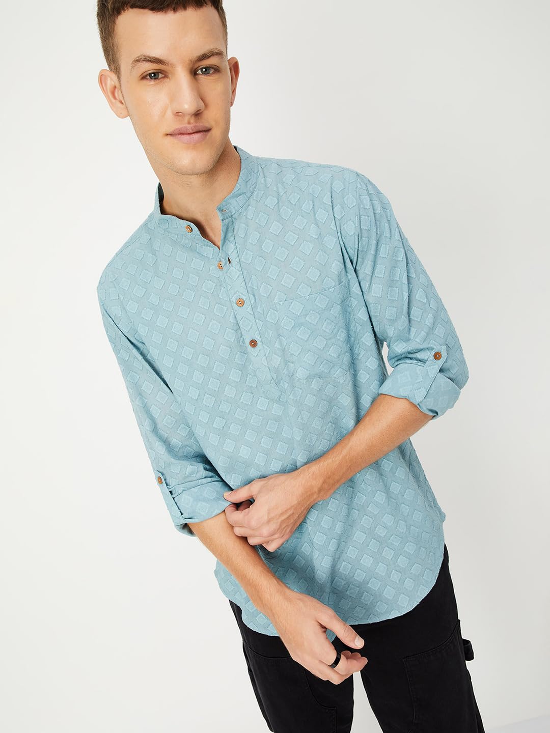 Men Dobby Woven Short Kurta, Grey, XXL
