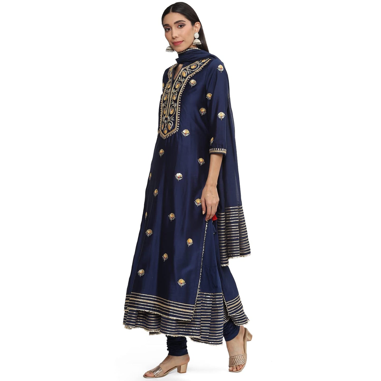 BIBA WOMEN EMBROIDERY FITTED SALWAR KURTA DUPATTA(SKD8098_NAVY_32)