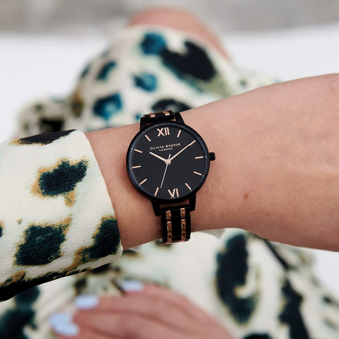 Olivia burton The England Qtz Basic Slim Black Sunray Round Dial Women's Watch|Ionic Plated Rose Gold Steel Material|Gold Color Band - OB16EN09