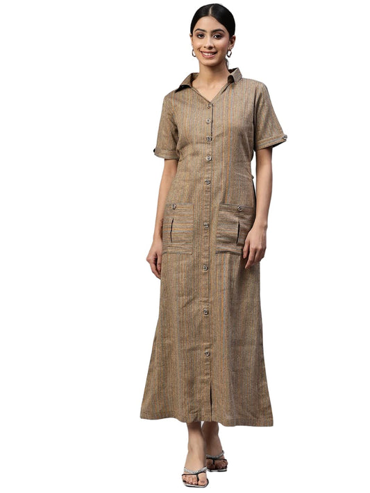 Cottinfab Women Green & Blue Striped Shirt Cotton Maxi Dress
