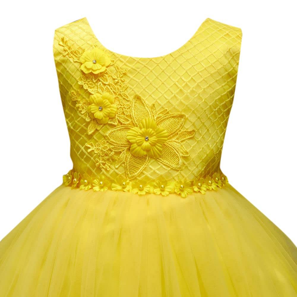 Hopscotch Girls Sleeveless Solid Party Dress In Yellow Color for Ages 6-7 Years