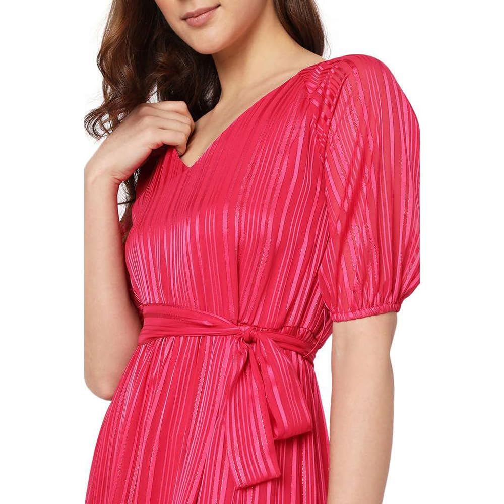 VERO Moda Solid Polyester V Neck Women's Maxi Dress (Pink, XS)