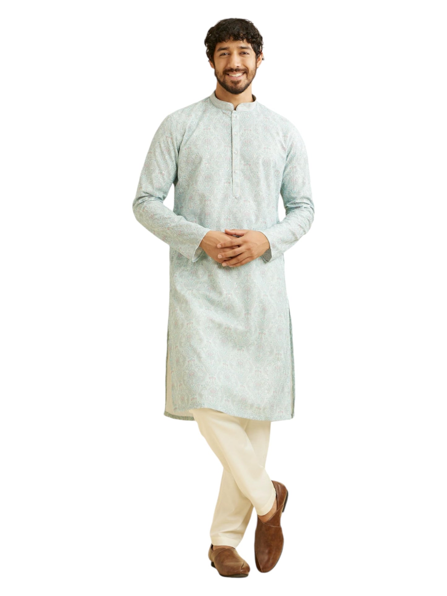 Manyavar Men's Cotton Blend Chikankari Sequined Kurta Pyjama Set (Green,L)