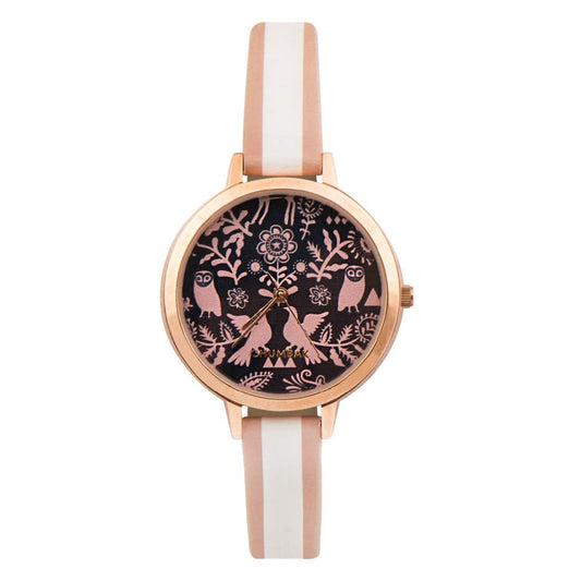 TEAL BY CHUMBAK Round Dial Analog Watch for Women,Floral Birds Collection, Printed Vegan Leather Strap,Gifts for Women/Girls/Ladies,Stylish Fashion Watch for Casual/Work - Pink