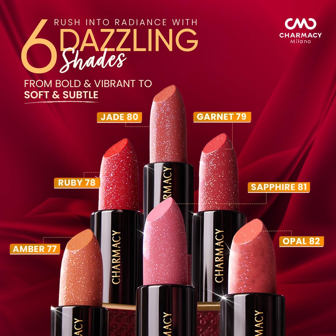 Charmacy Milano Diamond Rush - Amber 77, Creamy & Lightweight Lipstick, Long-Lasting Lipstick, Luxe Shimmer & Matt Finish, 3.8 Gms
