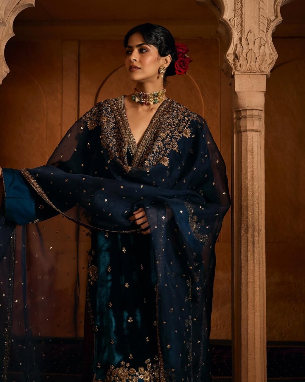 Brulry Women's Velvet Embroidered Teal Straight Kurta Suit Set with Pant and Dupatta