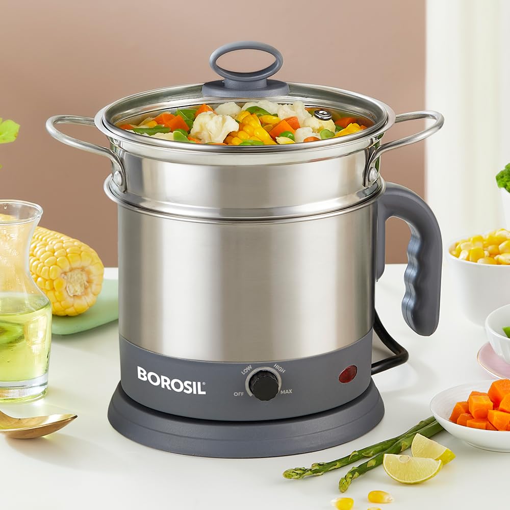 Borosil Multipurpose Electric Kettle with Egg Tray, Idli Stand, Steamer & Grill Plate | 360° Rotating Base, Auto Cutoff, Overheat & Dry Boil Protection, 1 Year Warranty (1.3 L)