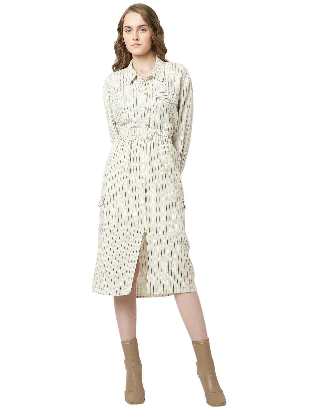 VERO MODA Women Striped Beige Cotton Straight Fit Midi Length High Rise Skirt