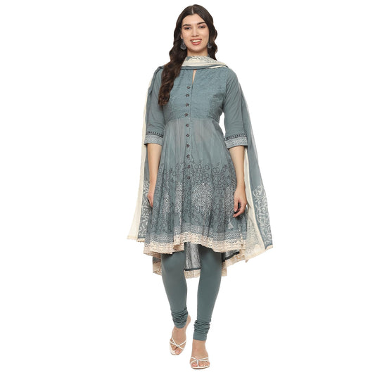 BIBA Cotton Women Solid Asymmetric Salwar Kurta Dupatta(Skdassorted2802E_Turquoise_36)