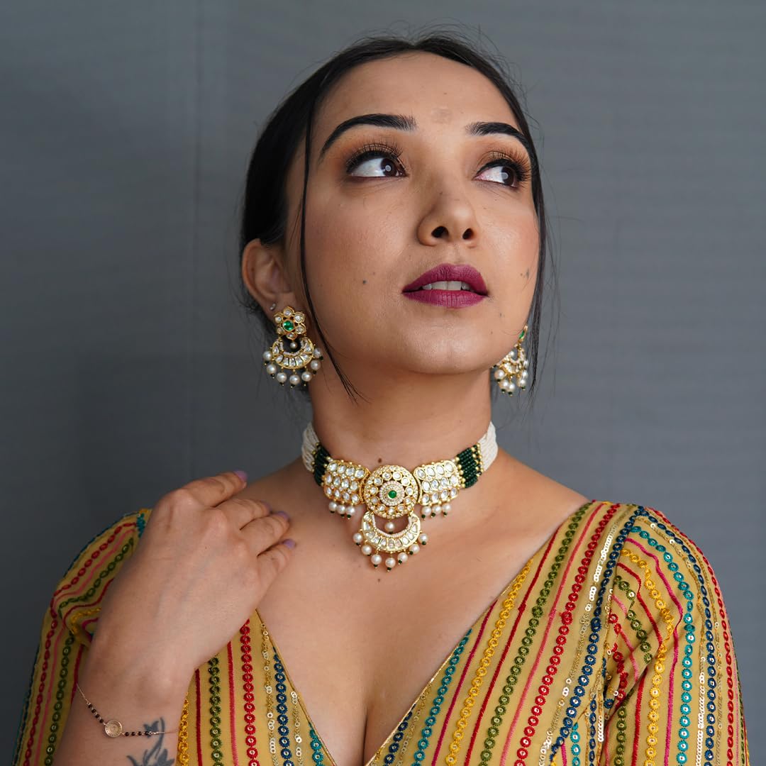 Mivanaa Timeless Royalty Green Emerald Polki Kundan Jewellery Set for Women | Traditional Bridal Necklace Set with Earrings & Maang Tikka | Indian Wedding Ethnic Jewellery Set