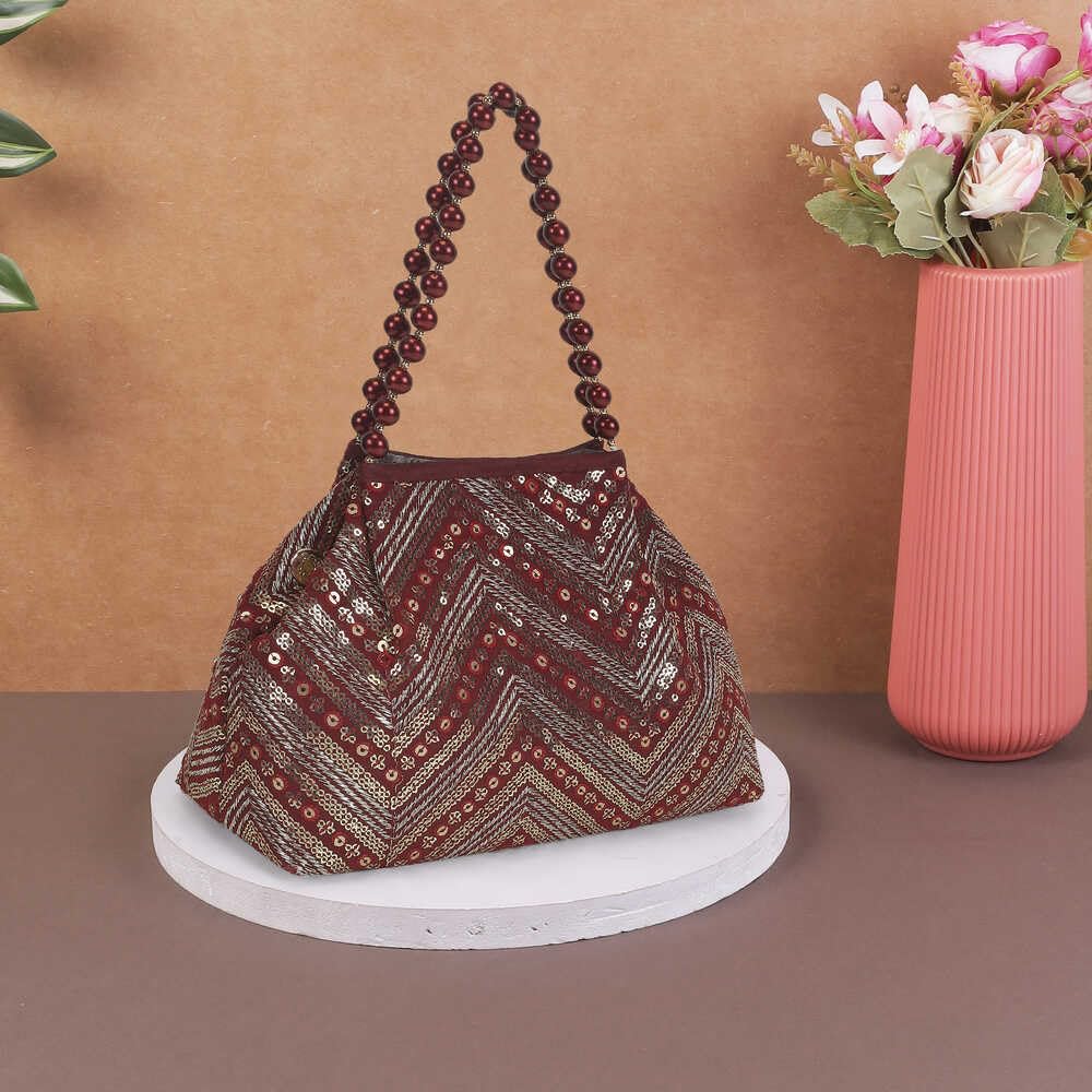 Mochi Women's Maroon Beaded Chevron Design Party Handbag(38-113)