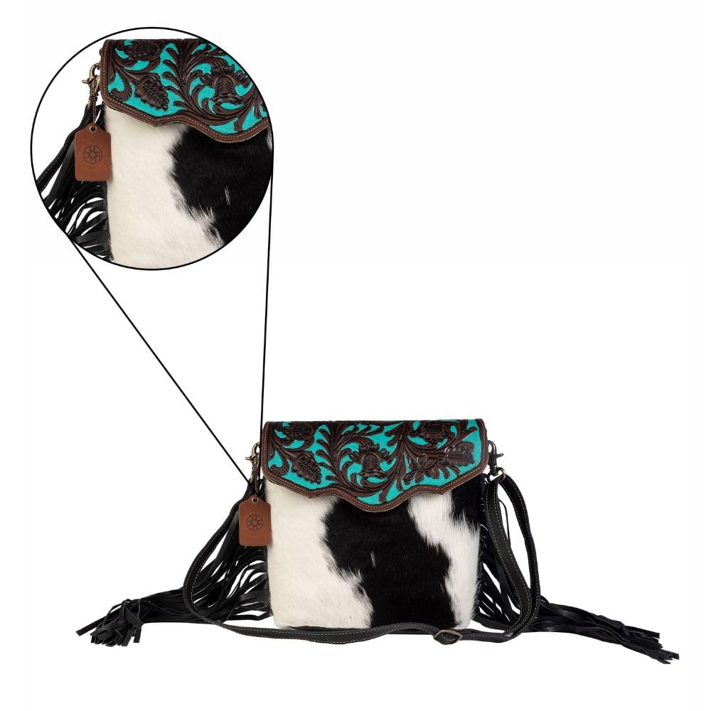 Myra Bag Aqua Hand-Tooled Bag Upcycled Cotton & Cowhide Leather S-2856