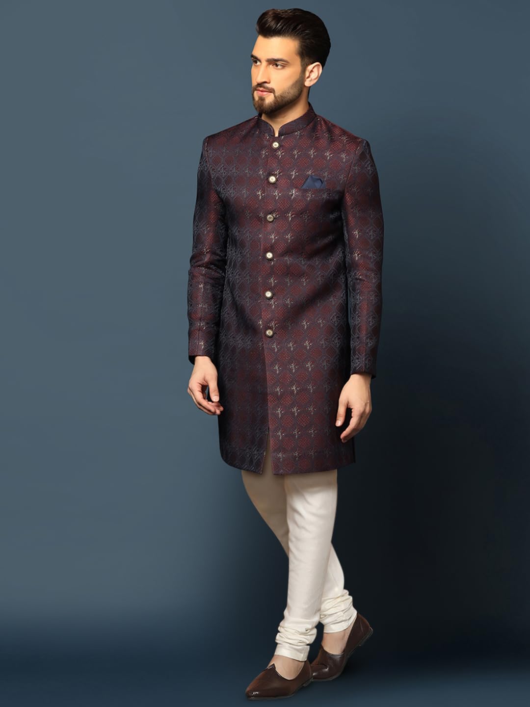 KISAH Men's Indo-Western Sherwani Churidar Set, Purple Cotton, Jacquard Mandarin Collar Regular Fit Long Sleeves (S)