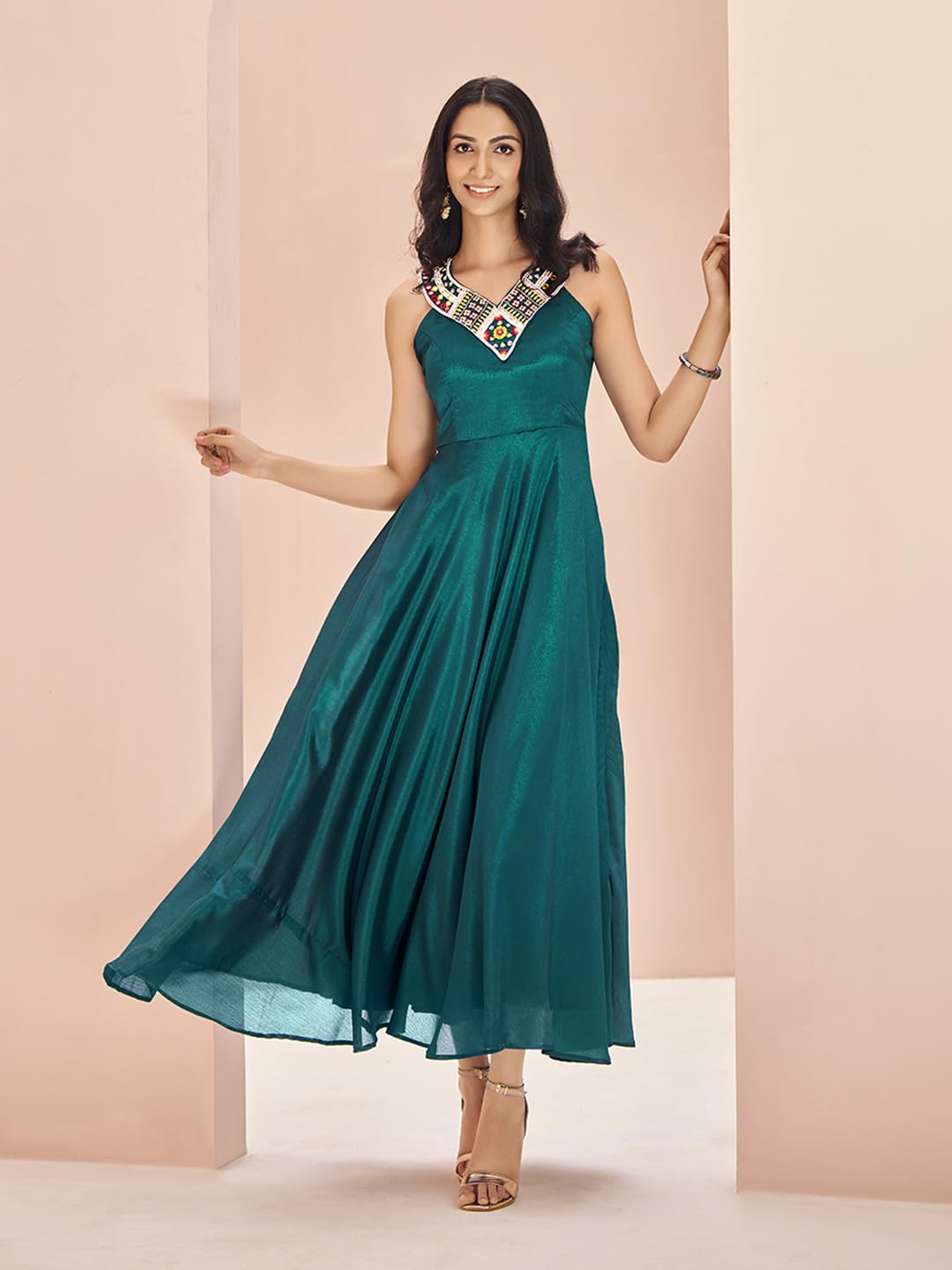 FUSIONIC Teal Silk Handworked Gown Dress