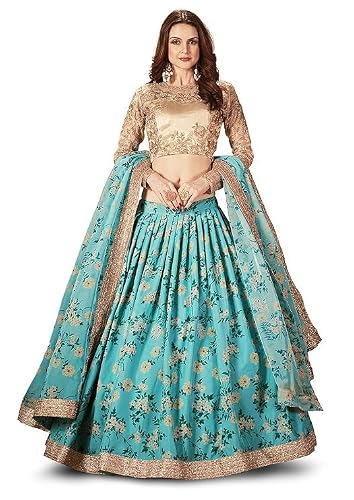 Zeel Clothing Women's Sky Blue Floral Printed Organza Semi-Stitched Lehenga Choli with Dupatta (7027-SkyBlue-Wedding-Bridal-Lehenga-New,Free Size)