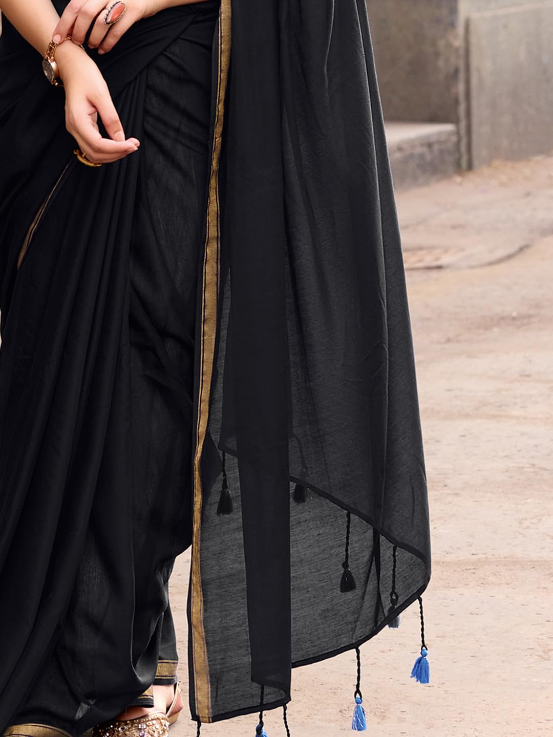AKHILAM Women's Black Cotton Solid Tassels and Latkans Saree With Unstitched Blouse Piece | Saree for woman | cotton saree for woman (NERA1363_SR)