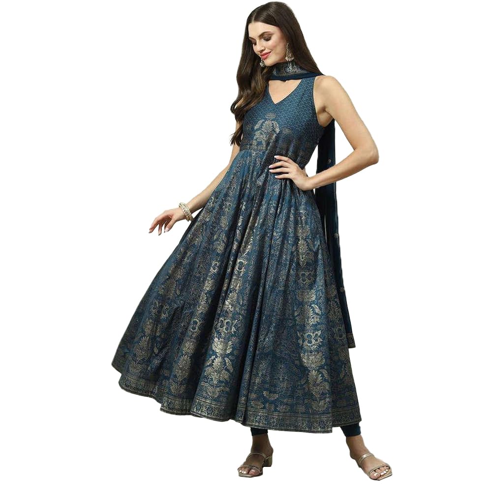 Biba WOMEN PRINTED FITTED SALWAR KURTA DUPATTA(SKDASSORTED8351_TEAL_38)