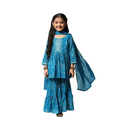 BIBA GIRL PRINTED FLARED KID(KW4948_TEAL BLUE_7)