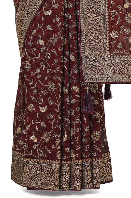 Soch Womens Maroon Tussar Embroidered Saree With Stone Work