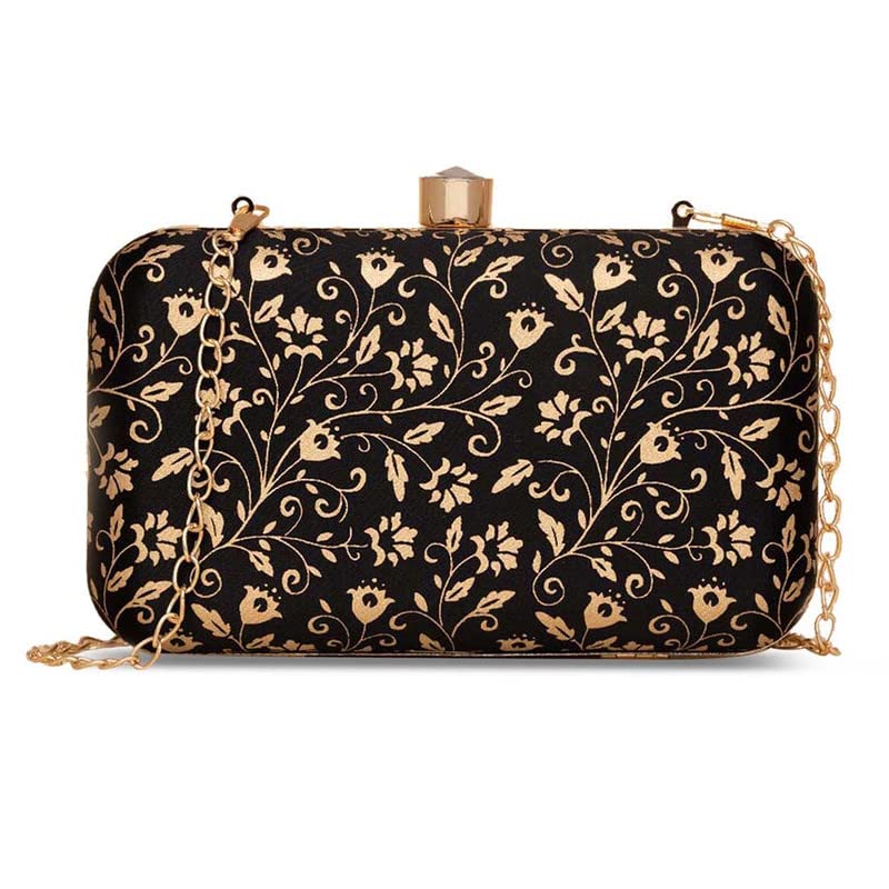 ZOUK Srinagar Garden Floral Printed Women's Mashru silk Black and Golden Clutch for iphone