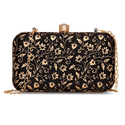 ZOUK Srinagar Garden Floral Printed Women's Mashru silk Black and Golden Clutch for iphone