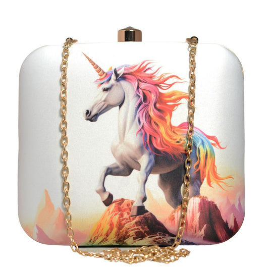 Artklim White Based Multicolor Hair Unicorn Printed Clutch Bag For Women with Detachable Sling