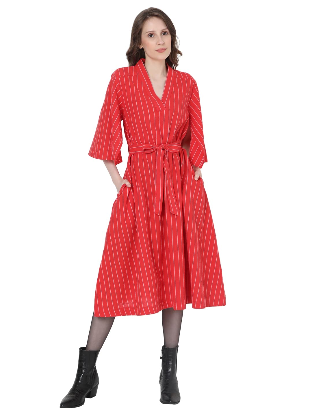 Vero Moda Women's Cotton Blend A-Line Calf Length Dress (10274812-Fiery Red_Fiery L)