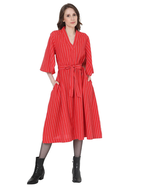 Vero Moda Women's Cotton Blend A-Line Calf Length Dress (10274812-Fiery Red_Fiery L)