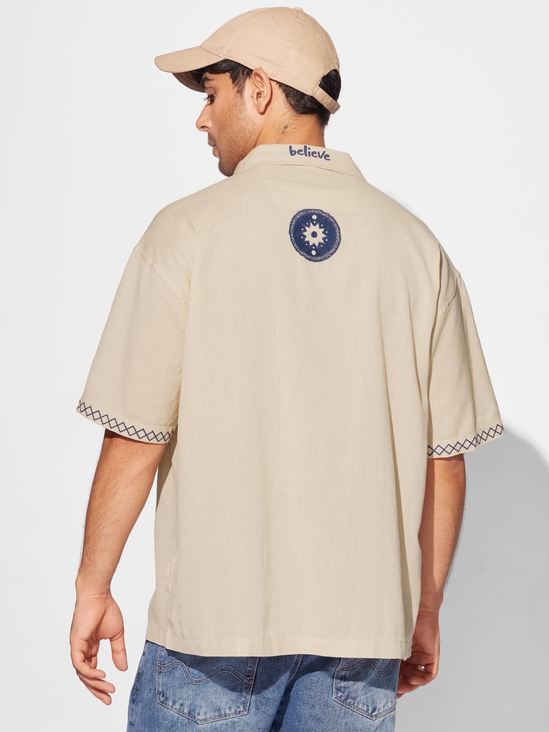 The Souled Store Bloom: Believe Men and Boys Short Sleeves Collared Neck Button Front Beige Embroidered Regular Fit Cotton Shirts