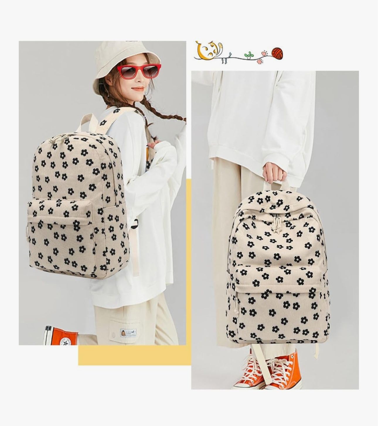 Satic School & College Backpack for Teens Large 25L Corduroy Bookbag Lightweight for Girls Women Lightweight Travel Backpack (Floral Beige)