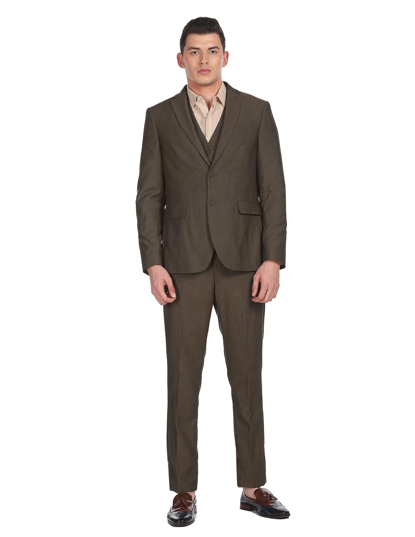 Arrow Polyester Men Brown Tailored Regular Fit Three Piece Suit Business Pants Set (ARADSU5556 44)