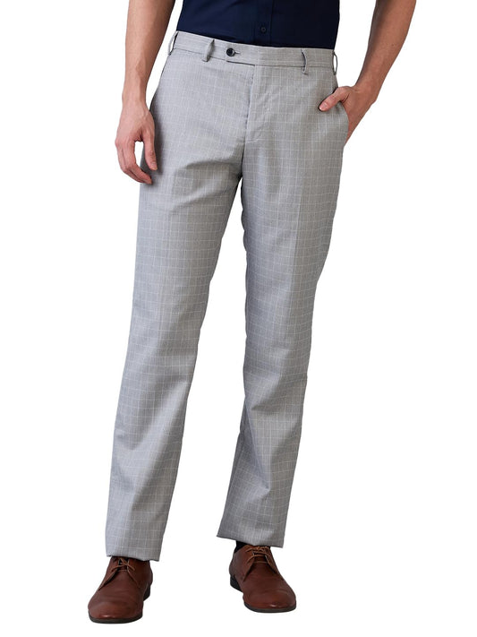 Park Avenue Men's Regular Fit Formal Trousers, Poly Viscose Blend, Checked Pattern, Mid Rise | Medium Grey