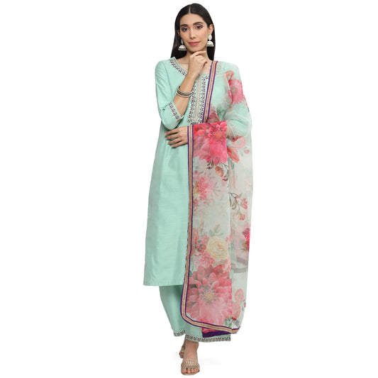 BIBA WOMEN YARNDYED RELAXED SALWAR KURTA DUPATTA(SKD8000_SEA GREEN_32)
