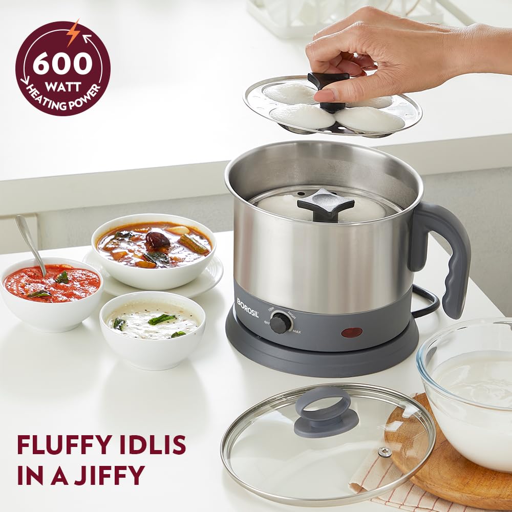 Borosil Multipurpose Electric Kettle with Egg Tray, Idli Stand, Steamer & Grill Plate | 360° Rotating Base, Auto Cutoff, Overheat & Dry Boil Protection, 1 Year Warranty (1.3 L)