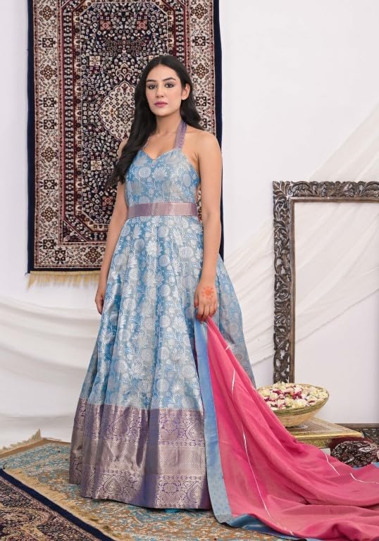 MAHUKAA Women's Kanjeevaram Gown With Dupatta For Festival & Function (Sky Blue & Pink) - Size: Medium