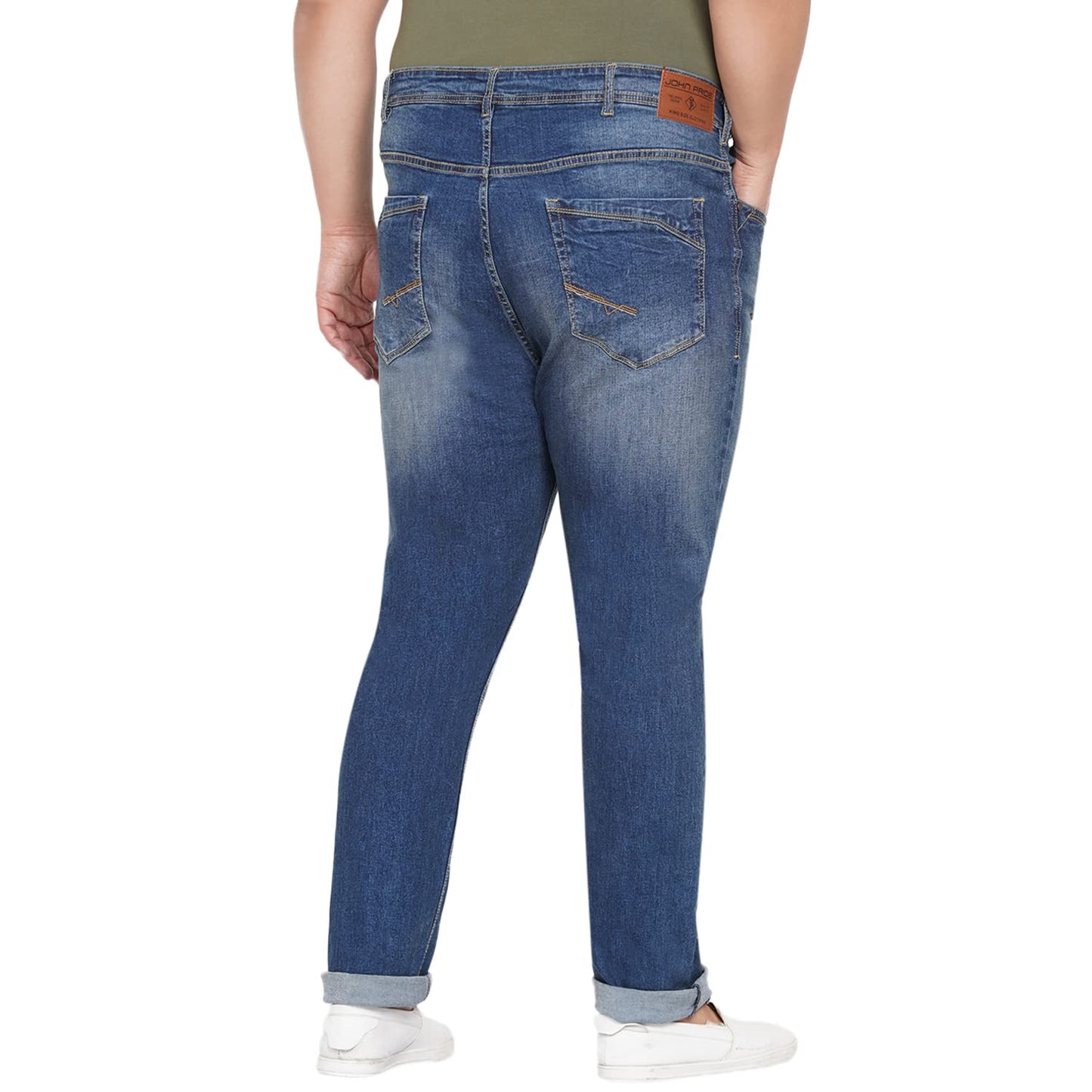 JOHN PRIDE Plus Size Men's Stretchable Mid-Rise Comfort Fit Ripped Blue Cotton Jeans for Men
