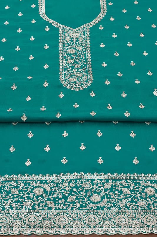 Soch Womens Teal Chinon Embroidered Unstitch Dress Material With Sequins
