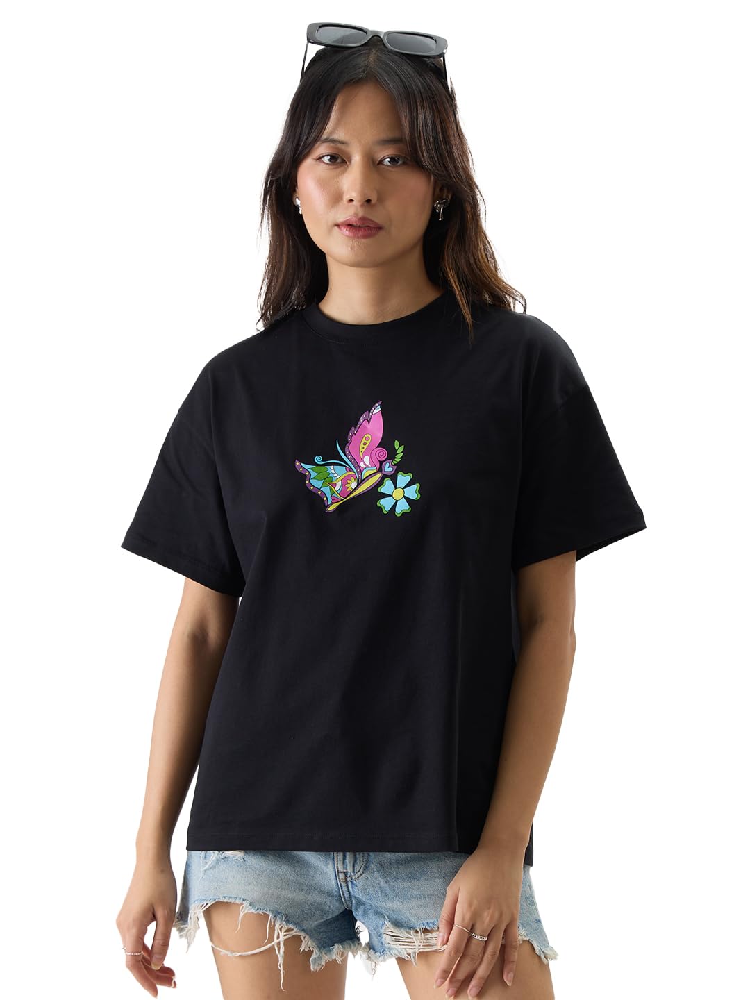 The Souled Store Wild & Free Women Oversized T-Shirts Oversized T Shirts for Women T-Shirt Girls Cotton Casual Half Sleeves Baggy Loose Fit Drop Shoulder Round Neck Back Printed Tshirt Branded