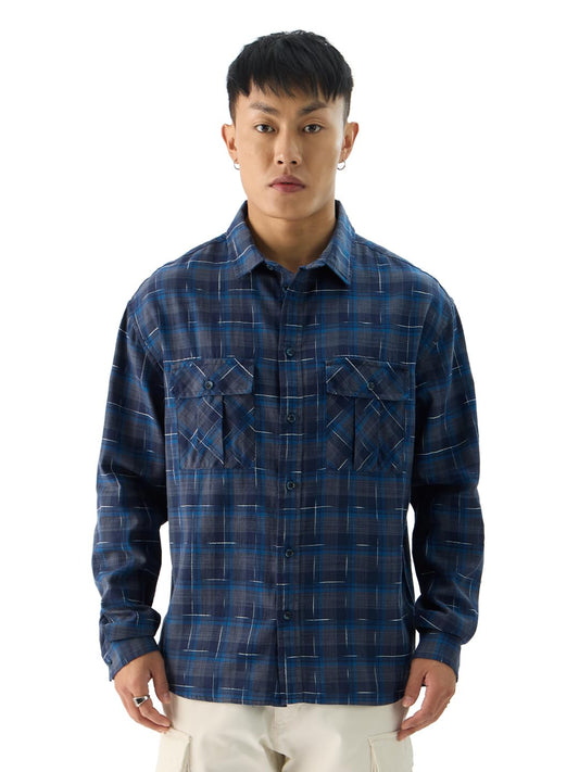 The Souled Store Plaid: Indigo Wave Men and Boys Long Sleeve Collared Neck Button Down Regular Fit Cotton Utility Shirts