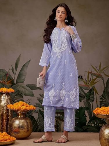 Ada Women Cotton Straight Fit Hand Embroidered Lucknowi Chikankari Mauve Kurta with Pant Co-Ord Set A811298 (XL)