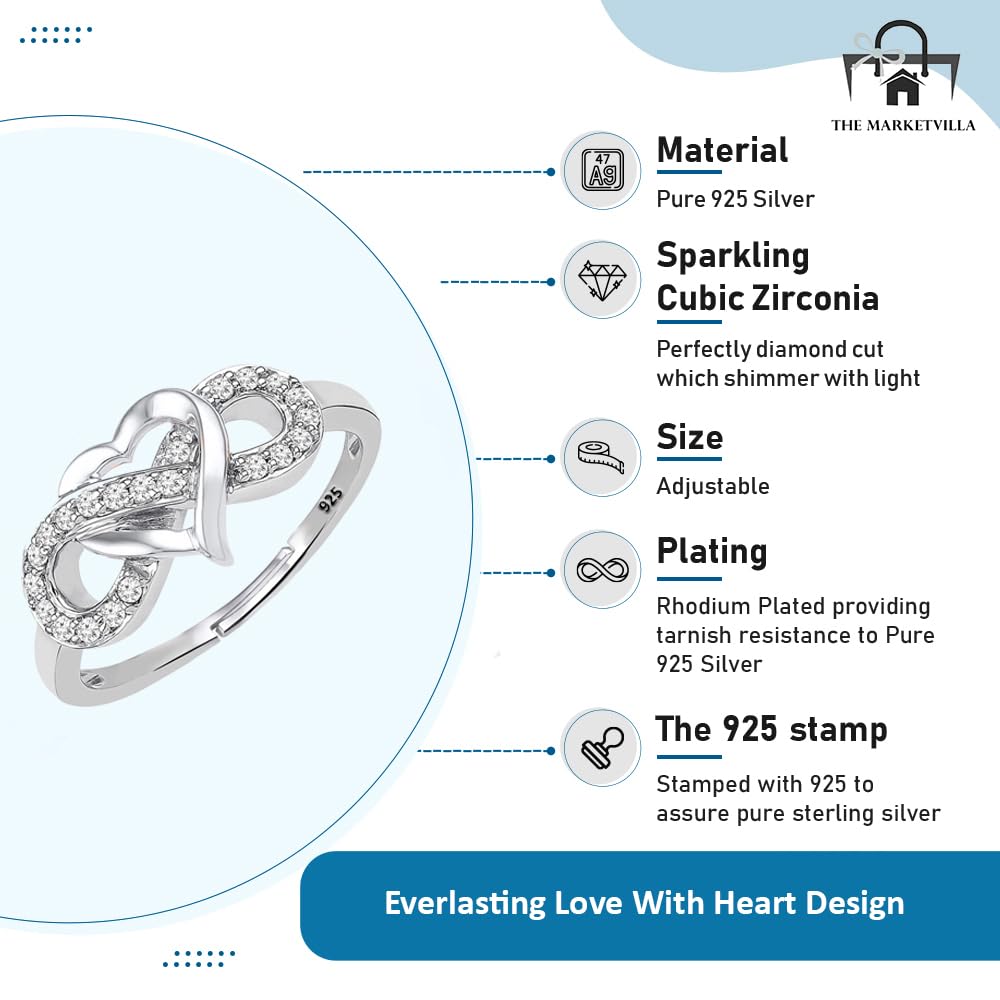 THE MARKETVILLA Pure 925 Sterling Silver Rings for Women, Infinity Ring for Women - Ring for Girlfriend, Silver Rings for Girls, Heart Infinity Style Ladies Anguthi (Adjustable size)