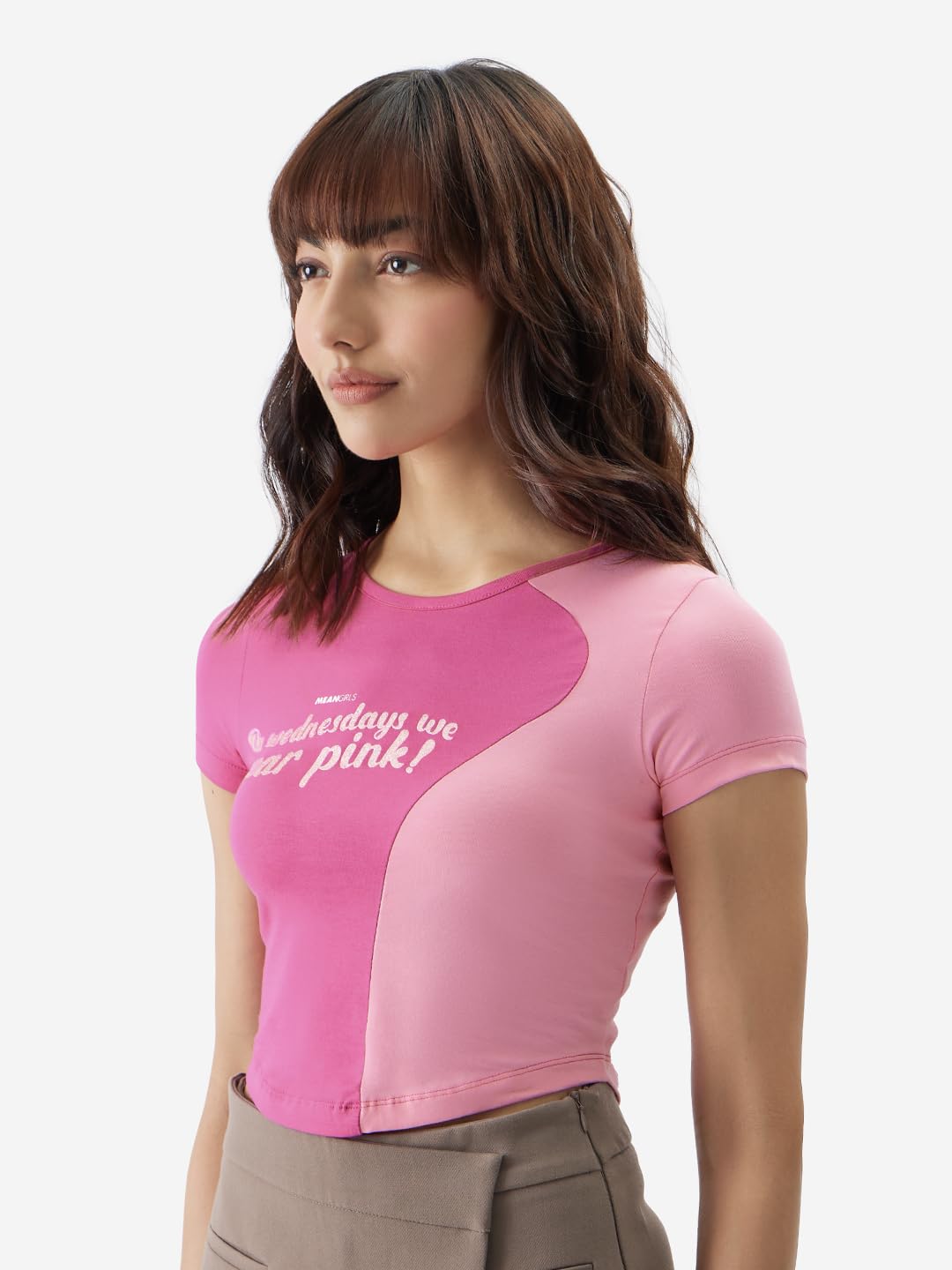 The Souled Store Official Mean Girls: Wednesdays We Wear Pink Women and Girls Short Sleeve Round Neck Pink Graphic Printed Cotton Blend Slim Fit Cropped Tops
